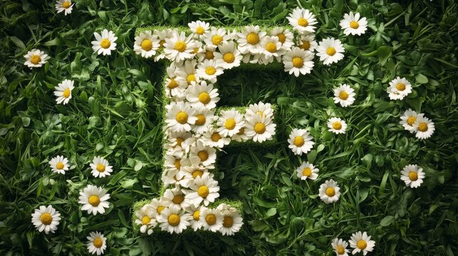 Floral F of daisies, grass background.