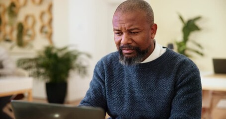 Poster - Business, internet and man with ideas, laptop and connection with research for article. Reporter, person and employee in workplace, journalist and editor for magazine, planning and online reading
