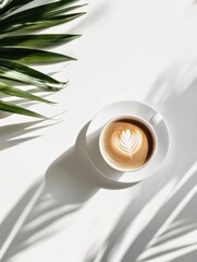 Leinwandbilder - Minimalist design featuring a coffee cup on a clean white table with soft shadows for an elegant, simple aesthetic