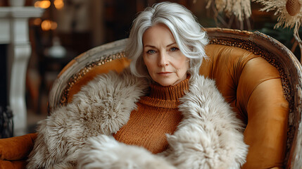 elegant older woman with silver hair, wearing a warm, faux fur shawl and burnt orange turtleneck, si