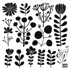 Poster - Botanical Silhouette Symphony: A collection of stylized botanical elements in black silhouette, offering a range of shapes and forms that evoke an artistic, illustrative feel.
