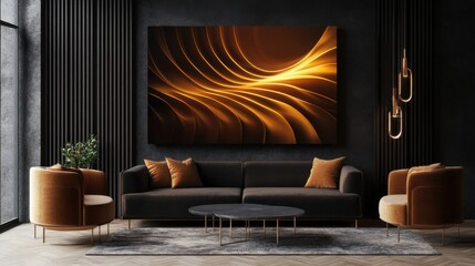 Fototapete - a living room with a couch, chair, coffee table and a painting