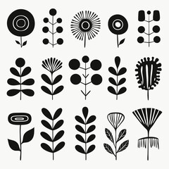 Poster - Monochrome Botanical Arrangement: A modern monochrome botanical design featuring a variety of stylized floral and plant elements, arranged in an elegant, artistic composition.