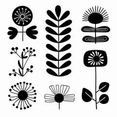 Poster - Botanical Black and White Illustrations: A collection of stylized botanical illustrations in black and white, showcasing various flowers, leaves, and floral elements.