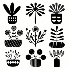 Poster - Floral Array: A stylized monochrome collection of potted plants, exuding a minimalist aesthetic and offering a touch of nature-inspired graphic design.