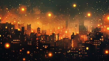 Leinwandbilder - An abstract illustration showing a city at night surrounded by glowing orange lights