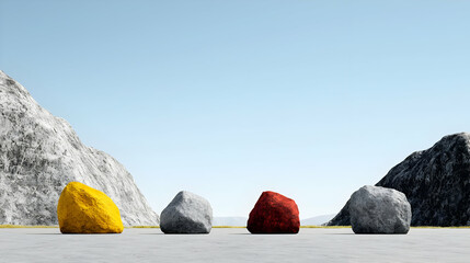 Poster - Four Colored Rocks Against Mountains