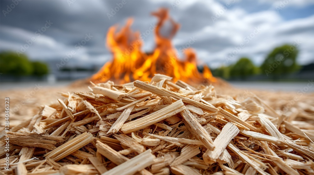 Biomass energy pile composed of recycled waste wood chips igniting into ...