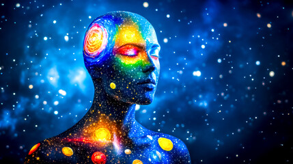 Wall Mural - model showcasing galaxy and stars body painting against cosmic backdrop