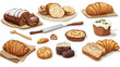 © Qaqas - Bread watercolor icon of wheat food product. Loaf of rye and wheat bread, french baguette and croissant, cake, cupcake and toast, cookie, bun and bagel, flour bag, baker hat and wooden rolling pin
