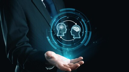 Poster - human interact with ai artificial intelligence brain processor in concept of ai artificial intellige