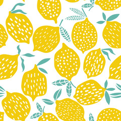 Aufkleber - This image features a seamless pattern of yellow lemons with white details and teal leaves on a white background.