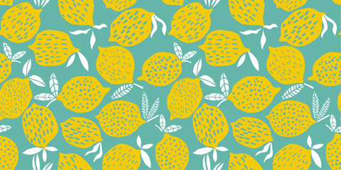 Aufkleber - Lemons are stylized with various textures, including dots, dashes, and lines, adding visual interest. Each lemon is accompanied by white leaves, creating a sense of freshness and summery vibes.