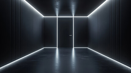 Poster - science background fiction interior rendering sci-fi spaceship dark empty corridor the door to the f