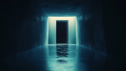 Poster - science background fiction interior rendering sci-fi spaceship dark empty corridor the door to the f