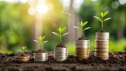 Poster - Three plants growing on stacks of coins representing financial growth in a bright outdoor setting