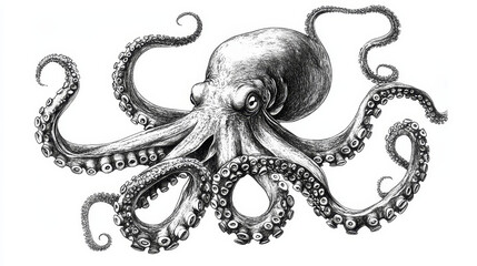 Black and white illustration of giant octopus with eight tentacles writhing around its body in two different sizes. Jpeg version also available in gallery