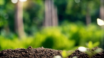 Poster - Stacks of coins with plants growing on top in a row showing growth with a white arrow symbol