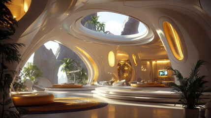 Poster - modern futuristic sci fi background,science background fiction interior.3d rendering