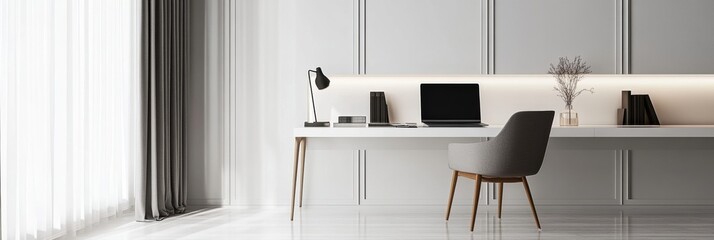 Leinwandbilder - Modern workspace featuring a sleek laptop and clean white desk bathed in natural light within a minimalistic environment