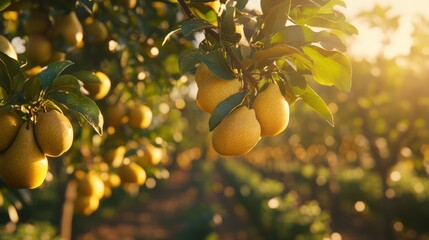 Ripe pears on tree branch, orchard sunset, harvest