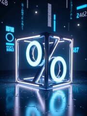Poster - Futuristic percentage cube glowing in dark room, digital innovation