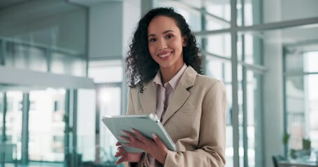 Poster - Business, face and woman in office, tablet and typing with problem solving, connection and app. Person, financial consultant and employee with fintech, accounting and research for stock market