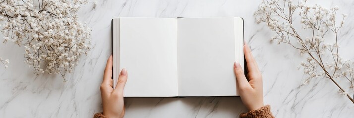 Aufkleber - Minimalist open book with blank pages in soft lighting inviting creativity and reflection