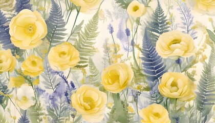 Poster - Watercolor Painting of Yellow Flowers and Ferns Pattern for Background