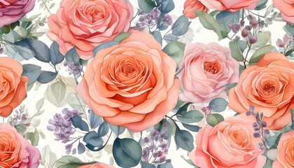 Poster - Elegant Floral Pattern with Roses and Berries in Watercolor Style