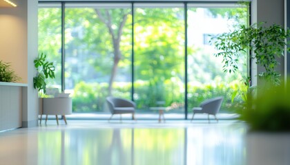 Poster - Blurred Image Of A Contemporary And Bright Reception Area With Stylish Furniture And Large Windows Facing Green Landscapes.
