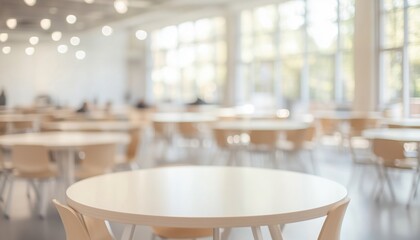 Poster - Blurred Image Of Spacious And Elegant Event Hall With Round Tables And Bright Windows In Contemporary Conference Setting.
