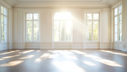 Poster - Elegant Architectural Details And Warm Light In Defocused Serene Empty Room With Large Windows. Blurred Photo Of Bright Space.