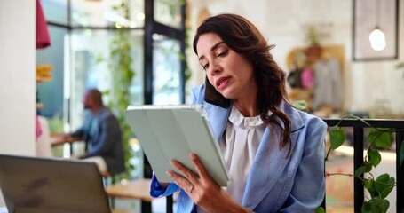Poster - Tablet, phone call and business woman in cafe for contact, consulting client and communication. Freelancer, remote worker and person on tech talking for online schedule, b2c networking and planning