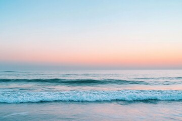 Poster - Calm waves gently embrace the shore during a pastel sunrise, creating a serene coastal retreat for relaxation and reflection