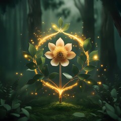 Wall Mural - A glowing flower surrounded by a circle of golden light stands amidst a misty forest. Tiny sparkling lights encircle the plant, creating a magical and enchanting atmosphere.