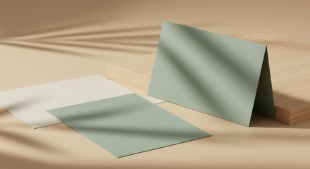 Poster - Elegant stationery mockup featuring a sage green card on a wooden block, with a blank card and envelope beside it, casting tropical plant shadows on a beige surface