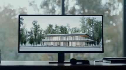 Poster - Digital Rendering Of Modern House Design On Computer Monitor