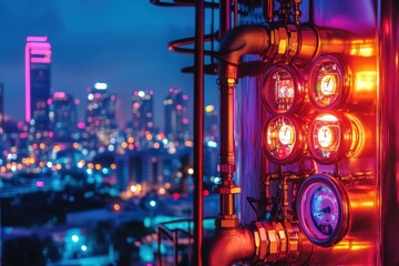 Poster - Glowing fuel tank with neon-lit pipes and gauges against a vibrant city skyline at night