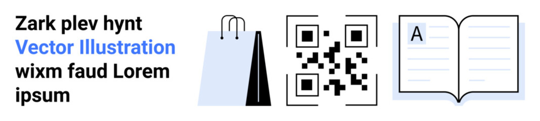 Shopping bag, QR code, and open book emphasizing retail, technology, and learning. Ideal for online shopping, education, e-commerce, branding marketing content promotion simple landing page