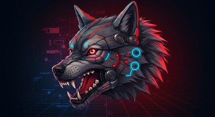 Poster - Cybernetic Wolf Head with Glowing Eyes and Mechanical Augmentation Roaring Aggressively in a Futuristic Digital Landscape