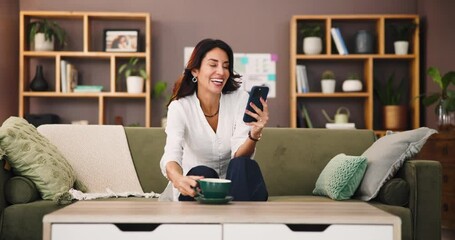 Poster - Drinking coffee, relax and woman with smartphone, home and reading ebook on website, laugh or lounge. Chilling, reader and person with mobile for entertainment, tea or tech for digital novel in house