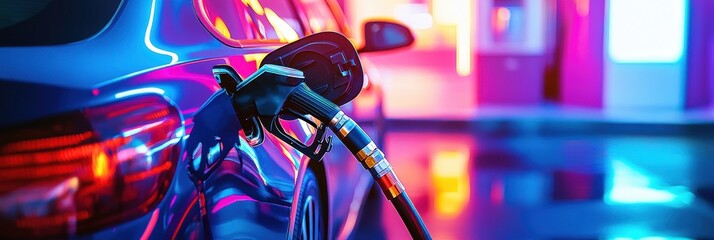 Poster - High-energy refueling at a gas station with vibrant neon colors illuminating the fuel nozzle in a dynamic nighttime setting