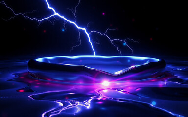 Aufkleber - a reflective blue puddle shimmers with electric light as lightning flashes in the dark sky above, cr