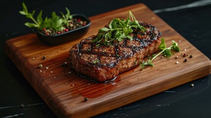 Aufkleber - High-quality marbled steak garnished with fresh herbs on a wooden cutting board in deep contrast lighting