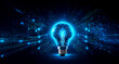 © joeycheung - A glowing blue lightbulb is centered against a dark backdrop, surrounded by abstract blue lines that resemble digital connections, symbolizing innovation and technology.