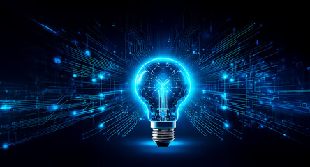 Poster - a glowing blue lightbulb is centered against a dark backdrop, surrounded by abstract blue lines that