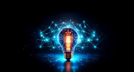 Aufkleber - A glowing light bulb emanates bright light, surrounded by interconnected blue lines on a dark backdrop, symbolizing ideas and innovation.