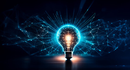 Poster - glowing bulb with digital network lines, symbolizing bright ideas and tech innovation in connected w