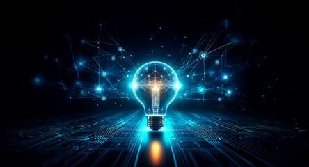 Aufkleber - a glowing light bulb illuminates in a dark, digital space filled with interconnected lines and dots,